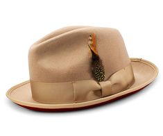 2 ⅜ Brim Wool Felt Dress Hat with Feather Accent Tan with Red Bottom Gents Hats, Mens Dress Hats, Hat With Feather, Felt Dress, Popular Hats, Banded Collar Shirts, Mens Hats Fashion, Fedora Hat Men, Mens Hats