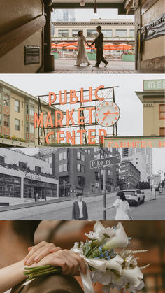 two people holding hands in front of a sign that says public market center and the words public market center