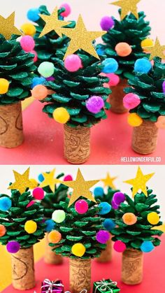 two pictures of small christmas trees made out of toilet paper and pom - poms