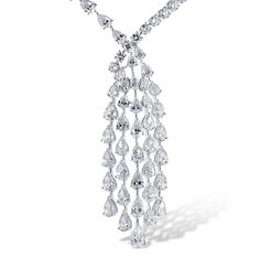 Adorn yourself with a waterfall of scintillation- with over 16 carats of pear and round diamonds. This ravishing, unique, and timeless wonder is set in gleaming 18K White gold. Luxury White Pear-shaped Diamond Necklace, Luxury Briolette Drop Necklace, White Teardrop Diamond Necklace Luxury, Luxury Pear-shaped Drop Necklace For Anniversary, Luxury White Teardrop Diamond Necklace, Luxury Cubic Zirconia Drop Diamond Necklace, Luxury Cubic Zirconia Drop Necklace, Luxury Cubic Zirconia Teardrop Drop Necklace, Luxury White Gold Teardrop Bridal Necklace