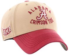 a baseball cap with the word,'alabama crimson tide'printed on it in red and beige