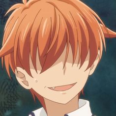 an anime character with red hair and white shirt looking at the camera while he has his eyes closed