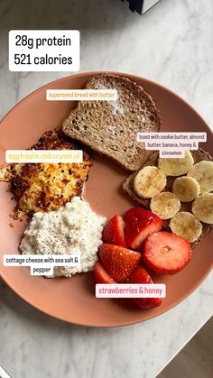 a pink plate topped with different types of breakfast foods and words describing what they are