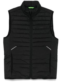 black padded design quilted waterproof front zip fastening stand-up collar sleeveless rubberised logo detail two side inset pockets full lining straight hem Black Windproof Vest For Winter, Black Nylon Vest With Zipper Closure, Functional Black Winter Vest, Black Functional Vest With Padded Collar, Functional Black Vest With Padded Collar, Black Sleeveless Functional Outerwear, Black Vest For Outdoor Activities, Black Sleeveless Outerwear For Outdoor Activities, Functional Black Vest Outerwear