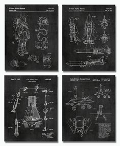 four black and white drawings of space shuttlers, rockets, and rocket ship on chalkboard