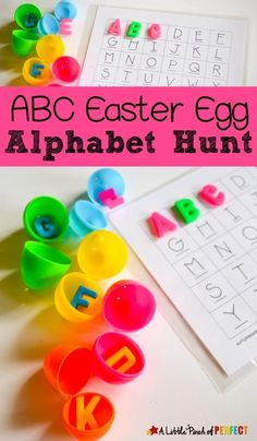 an alphabet hunt with plastic cups and letters on it, next to a printable easter egg