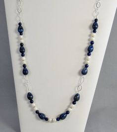 Long Lapis Lazuli Necklace with Pearl & Sterling Silver, Blue Gemstone and Freshwater Pearl Bead Jew Necklace With Pearl, Lapis Lazuli Jewelry, Artisan Necklace, Lapis Lazuli Necklace, Teardrop Beads, Bead Jewelry, Short Necklace, Blue Gemstones, Matching Bracelets