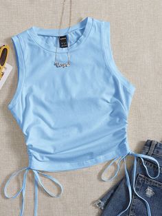 Baby Blue Casual   Cotton Plain Tank Embellished Slight Stretch Summer Women Tops, Blouses & Tee Blue Crop Top, Cute Dress Outfits, Trendy Summer Outfits, Crop Top Outfits, Cute Crop Tops, Cropped Tops, Crop Tank Top, Simple Trendy Outfits, Really Cute Outfits