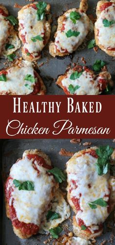 healthy baked chicken parmesan pizzas on a baking sheet with the title overlay