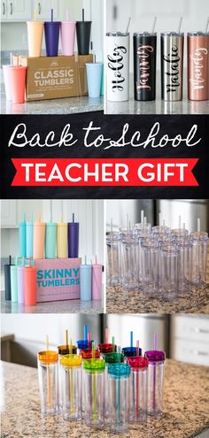 the back to school teacher gift is filled with cups, glasses and other personal items