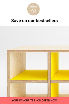 yellow plywood open shelving. Your favourites - on offer now. Save on our bestsellers. Made In Ply Ply Furniture, 1900 House, Plywood Desk, Custom Shelves, Plywood Shelves, Children's Bedroom, Kitchen Projects