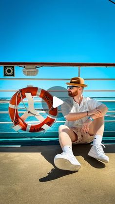 a man sitting on the side of a boat next to a life preserver sign