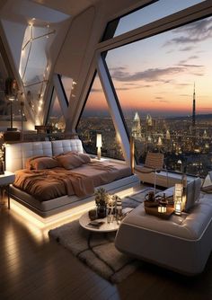 a bedroom with a large window overlooking the city at night and lit up by lights