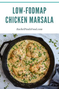 low - fodmap chicken marsala in a cast iron skillet with text overlay