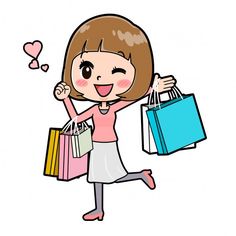 a cartoon girl holding shopping bags and giving the peace sign with her hand as she smiles