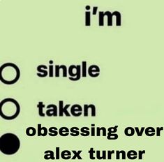 the words are written in black and white on a light green background that says, i'm single taken obsesing over alex turner