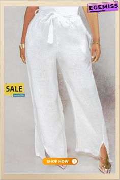 White Fashion Casual High Waist Loose Trousers Elegant Vacation Bottoms Solid Color, Elegant Solid Color Vacation Bottoms, Chic Ankle-length Wide Leg Summer Pants, Chic Ankle-length Wide Leg Pants For Summer, Ankle-length Summer Workwear Pants, Summer Workwear Ankle-length Pants, Summer Ankle-length Workwear Pants, White Fashion Casual, Loose Trousers