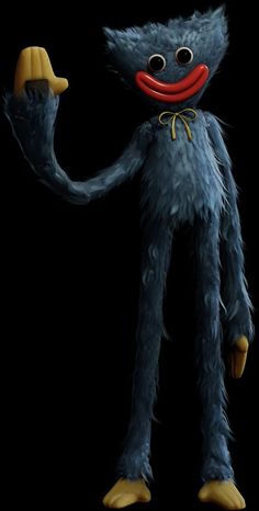 a blue furry animal holding a banana in it's right hand and wearing a red collar