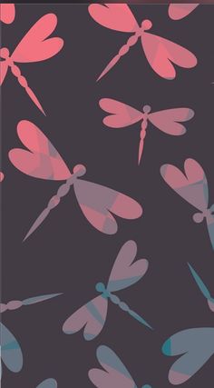 an image of dragonflies flying in the sky with pink and blue colors on black background