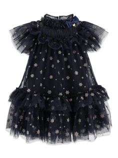 navy blue cotton blend tulle overlay star print short sleeves rear button fastening tiered skirt Navy Tulle Dress, Voluminous Dress, Fabric Feathers, Glitter Stars, Angel Face, Georgette Fabric, Feather Light, Star Dress, Gold Logo