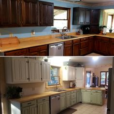 before and after pictures of a kitchen remodel with new cabinets, counter tops, and flooring