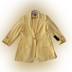 (Nwt) Tommy Hilfiger Women's Yellow 3/4 Sleeves Blazer Size:10 Notched Collar. * Button Front Closure. Side Flap Pockets. Lined. 3/4 Ruched & Roll-Tan Sleeves. Shell: 92% Rayon 8% Polyester. Lining: 100% Polyester. Tommy Hilfiger Spring Workwear Blazer, Tommy Hilfiger Spring Blazer For Work, Solid 3/4 Sleeve Summer Outerwear, Spring Blazer With 3/4 Sleeves And Pockets, Spring 3/4 Sleeve Blazer With Pockets, Trendy Spring Outerwear With 3/4 Sleeves, Trendy 3/4 Sleeve Spring Outerwear, Tommy Hilfiger Fitted Spring Blazer, Fitted Tommy Hilfiger Spring Blazer