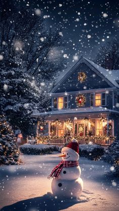 a snowman is standing in front of a house with christmas lights on the windows