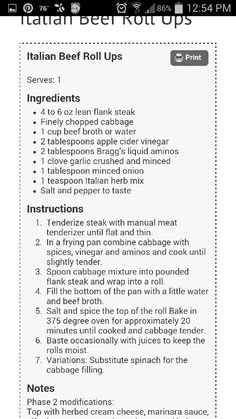 the italian beef roll ups recipe is shown in this screenshoto screen shot, with instructions for how to make it