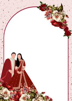 a wedding card with an image of two people in red dresses and flowers around them