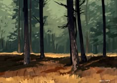 a painting of trees in the woods with brown grass and dirt on the ground below