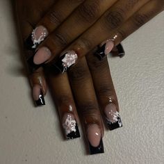 Nail Ideas Acrylic Black French Tip, Black French Tip Nails With Design, Black Flower Nails, Nails Hibiscus, Hibiscus Nail Art, Black French Tips, Duck Nails, White French Tip, Flower Nail Designs