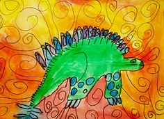 a drawing of a green dinosaur on an orange background