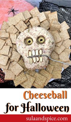 a skeleton made out of crackers with the words cheeseball for halloween on it