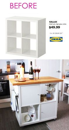 a kitchen island with wine bottles on top and candles in the middle, as well as an ad for ikea