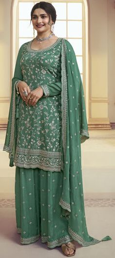 Green color Salwar Kameez in Chiffon fabric with Embroidered, Sequence, Thread, Zari work Wedding Salwar Suits, Anarkali Suits Designer, Viridian Green, Plazzo Suits, Prachi Desai, Designer Embroidery, Lehenga Gown, Dress Salwar Kameez, Palazzo Suit