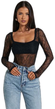 Fitted Bodysuit With Lace Closure For Night Out, Summer Lace Bodysuit For Night Out, Lace Stretch Bodysuit For Night Out, Stretch Lace Bodysuit For Night Out, Black Party Bodysuit With Lace Closure, Elegant Long Sleeve Lace Bodysuit, Black Lace Closure Bodysuit For Party, Lace Bodysuit For Party, Fitted Long Sleeve Lace Bodysuit