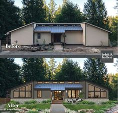 before and after pictures of a small house in the middle of a wooded area with trees