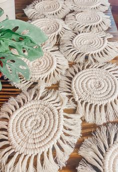 the table is covered with white tassels and a potted plant next to it