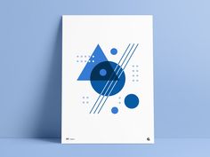 a blue poster with geometric shapes on it