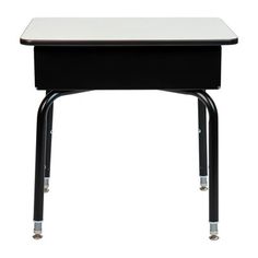 a black and white desk with wheels on the bottom, in front of a white background