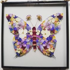 a butterfly made out of flowers in a frame