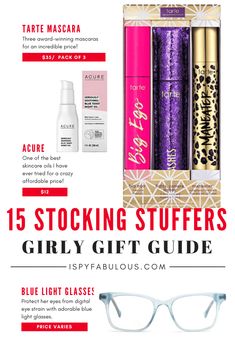 an advertisement with the text, 15 stocking stuff for girls to use on their face