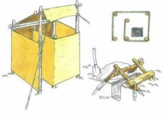 a drawing of a yellow box next to a wooden bench and mirror with sticks sticking out of it