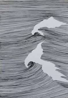 an abstract drawing of waves in black and white, with lines coming out of the water