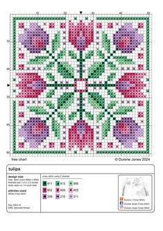 a cross stitch pattern with flowers on the front and side, as well as an image of