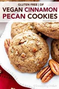 vegan cinnamon pecan cookies on a white plate