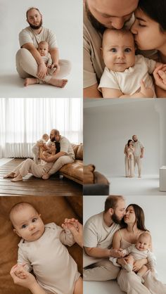 a couple and their baby are posing for pictures