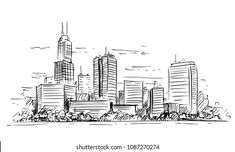 a cityscape with skyscrapers and trees in the foreground, drawn by hand