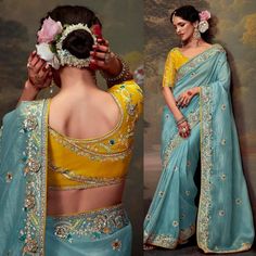 Crafted with care and attention to detail, this saree is perfect for those who appreciate fine craftsmanship and unique design. The sky blue color exudes elegance and sophistication, making it a standout choice for any special occasion. Whether you're attending a wedding or celebrating a festival, this saree is sure to make you feel like a true queen. Make a statement with our attractive sky blue organza saree, designed to turn heads and leave a lasting impression.  ----------------------------- Blue Pre-draped Saree With Pallu For Wedding, Blue Dola Silk Pre-draped Saree For Eid, Fitted Light Blue Saree For Festive Occasion, Festive Light Blue Pre-draped Saree, Blue Dola Silk Saree With Zari Work, Blue Dola Silk Saree With Traditional Drape, Blue Dola Silk Saree In Traditional Drape, Light Blue Unstitched Blouse Piece For Festive Occasions, Light Blue Unstitched Blouse Piece For Festivals