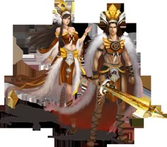 two women dressed in costumes with wings and holding swords are standing next to each other